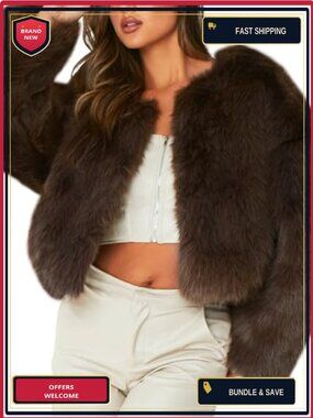 Faux Fur Coat Cropped Fluffy Shaggy Jacket Winter Warm